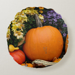 Kleurrijke herfst decoratieve pompoen tentoonstell rond kussen