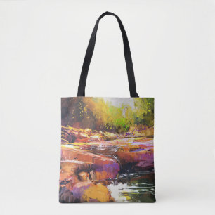 Kleurrijke herfst rivier, landschap schilderen. draagtas