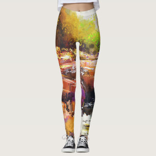 Kleurrijke herfst rivier, landschap schilderen. leggings