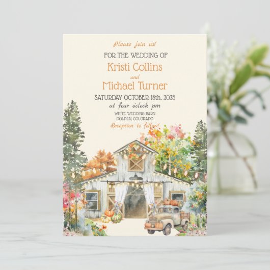 Kleurrijke Herfst rustieke witte schuur bruiloft u Kaart (Staand voorkant)