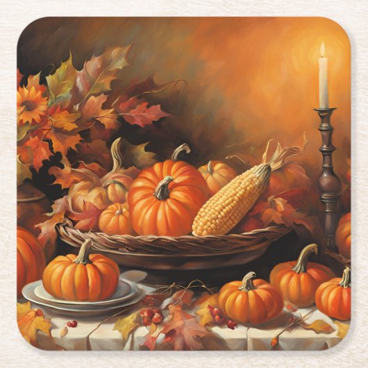 Kleurrijke herfstpompoenen vierkante kartonnen onderzetter (Voorkant)
