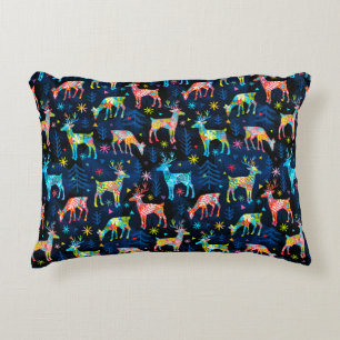 Kleurrijke Herten Kerstboom Bos Star Sneeuwvlokken Accent Kussen