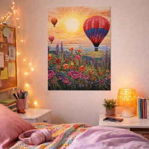 Kleurrijke hete luchtballon wilde bloemen zonsonde perfect poster