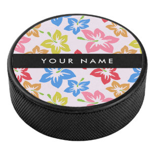 Kleurrijke Hibiscus, Bloempatroon, Uw Naam Hockey Puck