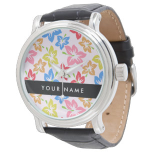 Kleurrijke Hibiscus, Bloempatroon, Uw Naam Horloge