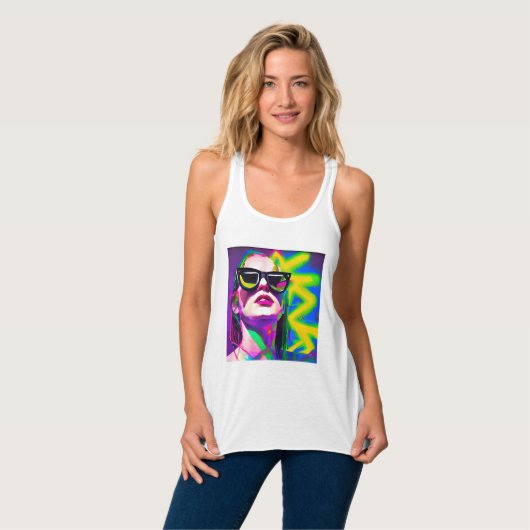 Kleurrijke Hipster Lady in Zonnebril Moderne Kunst Tanktop (Volledige Voorkant)