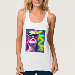 Kleurrijke Hipster Lady in Zonnebril Moderne Kunst Tanktop