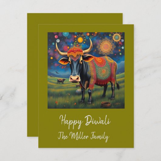 Kleurrijke Holy Diwali Koeien in feestelijke vermo Feestdagenkaart (Voorkant / Achterkant)