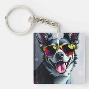 Kleurrijke Hond met Zonnebril Sleutelhanger