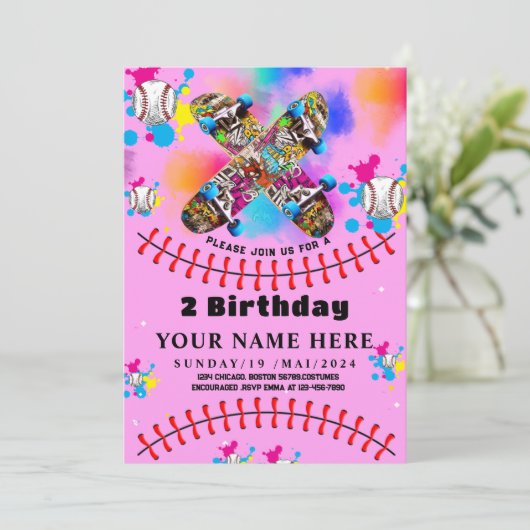 Kleurrijke honkbal skateboard graffiti roze feest kaart (Staand voorkant)