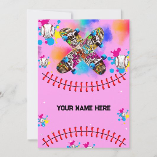 Kleurrijke honkbal skateboard graffiti roze feest kaart (Achterkant)