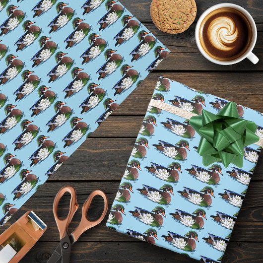 Kleurrijke Hout Eend Waterlelie Wilde Dieren Blauw Cadeaupapier