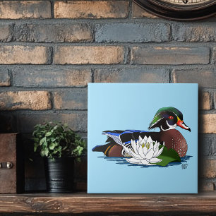 Kleurrijke Hout Eend Waterlelie Wilde Dieren Blauw Tegeltje