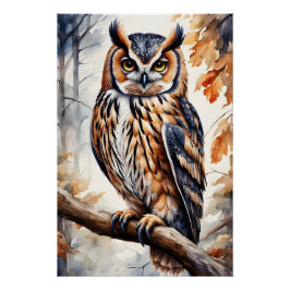 Kleurrijke Houten Uil op Boomtak Perfect Poster