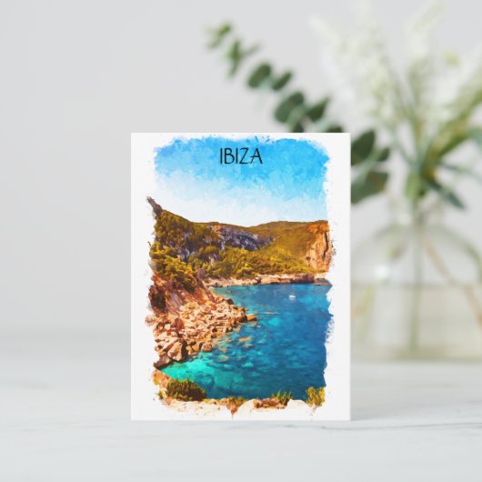 Kleurrijke Ibiza Spanje Waterverf Landschap Briefkaart (Staand voorkant)