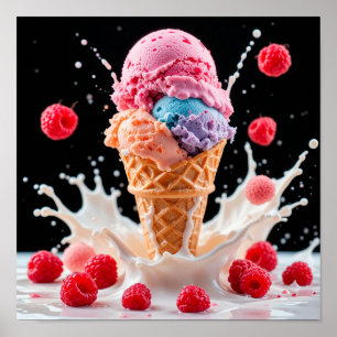 Kleurrijke Ice Cream Cone met Splashing Milk Poster
