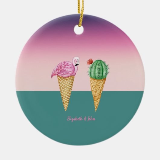 Kleurrijke Ice Cream Cones Cactus Roze Flamingo's Keramisch Ornament (Voorkant)
