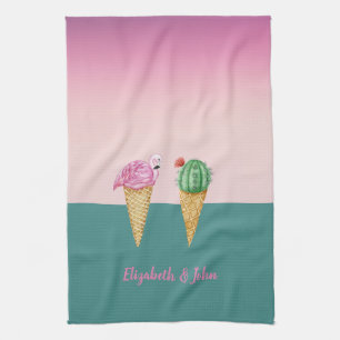 Kleurrijke Ice Cream Cones Cactus Roze Flamingo's Theedoek