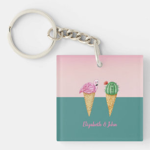 Kleurrijke ijshoorntjes Cactus Roze Flamingo's Sleutelhanger