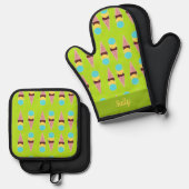 Kleurrijke ijsjes op groen ovenwant & pannenlap set (Voorkant / Achterkant)