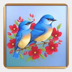 Kleurrijke ijsvogels zitten tussen rode bloemen vierkante sticker