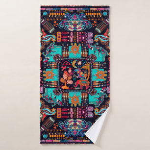 Kleurrijke illustratie met decoratieve dieren en badhanddoek
