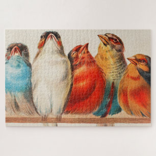 Kleurrijke illustratie van vijf kleine vogeltjes legpuzzel