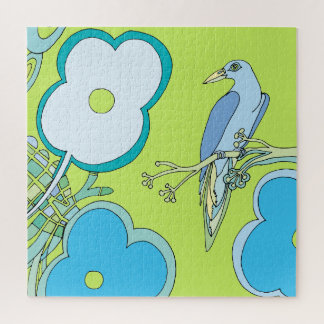 Kleurrijke illustratie van vogel bloemen en boom legpuzzel