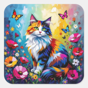 Kleurrijke Impasto Kat, Bloemen en Vlinders Vierkante Sticker