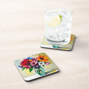 Kleurrijke Impasto Vaas met Bloemen Bier Onderzetter