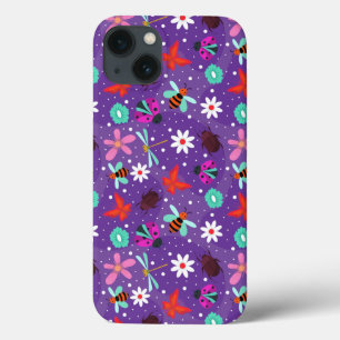Kleurrijke insecten en bloemen op een paarse achte iPhone 13 hoesje