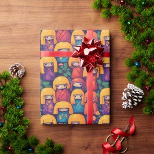 Kleurrijke Japanse Kokeshi Poppen Patroon Cadeaupapier