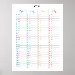 Kleurrijke kalenderposter 2020 met vier maanden poster