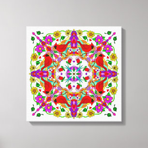  kleurrijke kardinalen en bloemen Mandala Canvas Afdruk