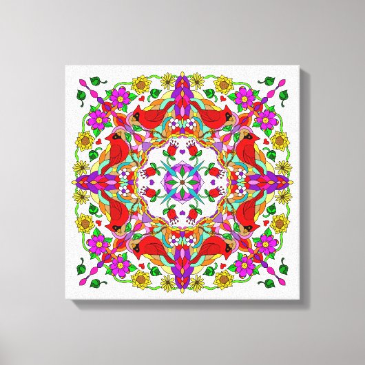 kleurrijke kardinalen en bloemen Mandala Canvas Afdruk (Voorkant)