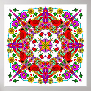 kleurrijke kardinalen en bloemen Mandala Poster