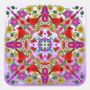  kleurrijke kardinalen en bloemen Mandala Vierkante Sticker