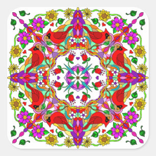  kleurrijke kardinalen en bloemen Mandala Vierkante Sticker