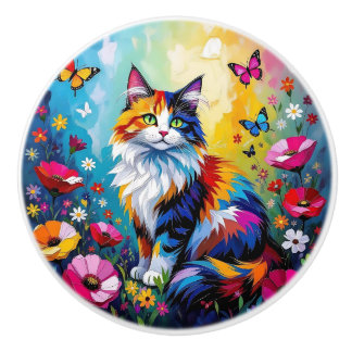 Kleurrijke kat en bloemen keramische knop