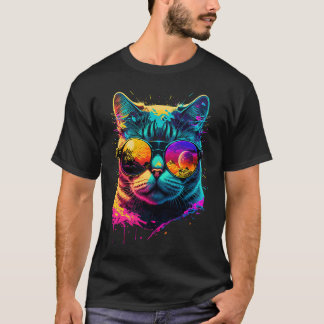 Kleurrijke kat met bril grafisch t-shirt
