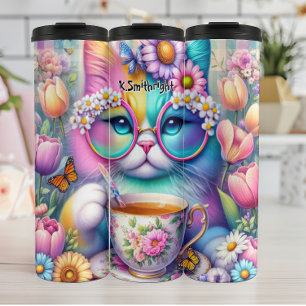 Kleurrijke kat met een bril Drink thee Thermosbeker