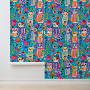 Kleurrijke katten en bloemen grillig behang