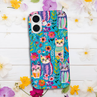 Kleurrijke katten en bloemen grillig gelukkig iPhone 16 hoesje