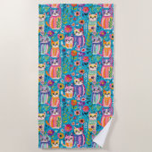 Kleurrijke katten en bloemen grillig gelukkig strandlaken (Voorkant)