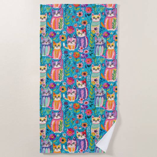 Kleurrijke katten en bloemen grillig gelukkig strandlaken (Voorkant)