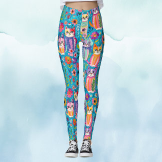 Kleurrijke katten en bloemen grillig leggings