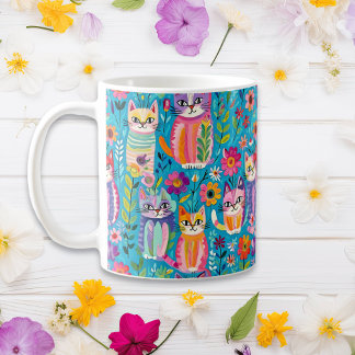Kleurrijke katten en bloemen grillige verjaardag koffiemok
