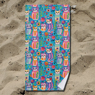 Kleurrijke katten en bloemen Whimsical gelukkig Strandlaken