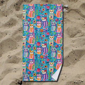 Kleurrijke katten en bloemen Whimsical gelukkig Strandlaken