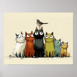 Kleurrijke katten groep – Schattige Whimsical kat Poster